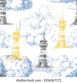 Lighthouse and blue clouds, marine seamless pattern
