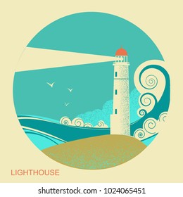 lighthouse blue label with sea waves. Vintage seascape