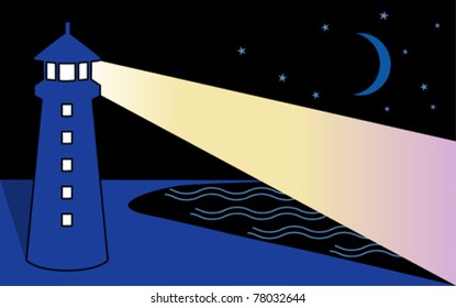 Lighthouse in Blue Moon. Night-time coast landscape, seaside lighthouse with beacon, blue crescent moon, sea and stars. EPS8 compatible.