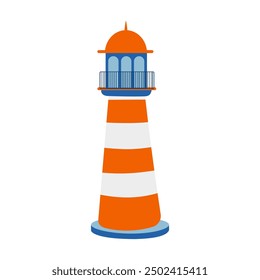 Un faro con una franja azul y naranja. El faro es alto y tiene un balcón