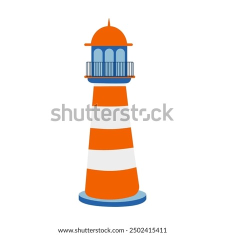 A lighthouse with a blue and orange stripe. The lighthouse is tall and has a balcony