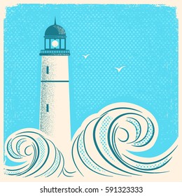 Lighthouse blue poster.Vector seascape image on old paper texture