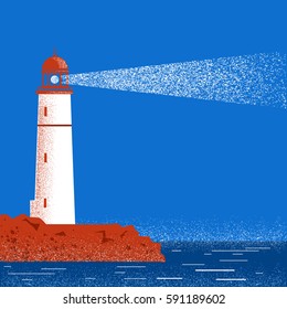 Lighthouse Blue Seascape Horizon In Night Time.Vector Illustration