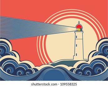 Lighthouse with blue sea.Vector color nature poster