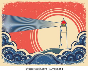 Lighthouse with blue sea.Vector grunge background for design of symbol card