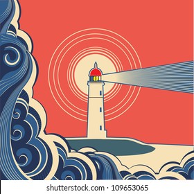 Lighthouse with blue sea.Vector symbol poster