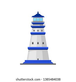 Lighthouse with blue stripes. Vector illustration on white background.