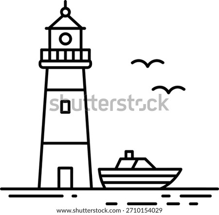 Lighthouse and boat with birds in simple line art ship