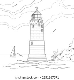 Lighthouse boat and rocks, colouring book design page outline.