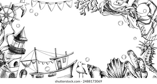 Lighthouse, boat and sea animals with paint spots and splashes. Illustration of graphic line art in black and white, hand drawn.. Frame for registration and design of cards, posters, invitations.