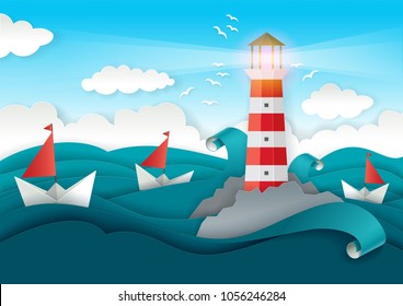 Lighthouse and boats floating on sea. Vector illustration in modern paper art style. Marine greeting card, cover, poster, banner design template.