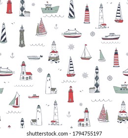 Lighthouse and boats sea hand drawn vector seamless pattern