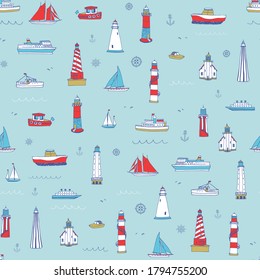 Lighthouse and boats sea hand drawn vector seamless pattern