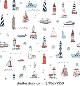 Lighthouse and boats sea hand drawn vector seamless pattern