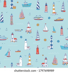 Lighthouse and boats sea hand drawn vector seamless pattern