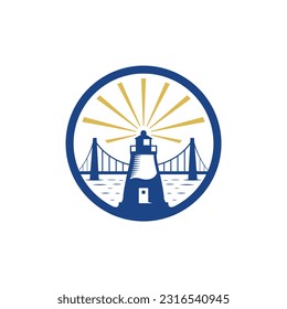 Lighthouse and bridge in circular design, on white background. Can be used for web and print. Vector EPS 10