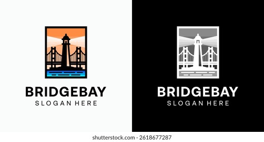 Lighthouse and bridge vector logo design with modern, simple, clean and abstract style. Icon for business, marine, infrastructure and personal branding.