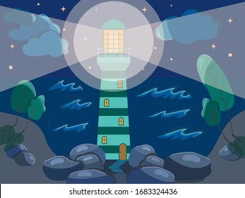 Lighthouse bright scene sea landscape searchlight nautical navigation night light