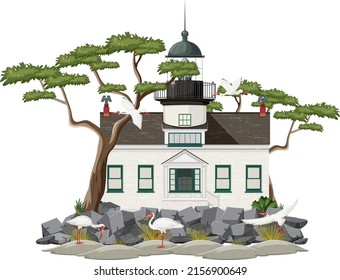 Lighthouse building with American white ibis illustration