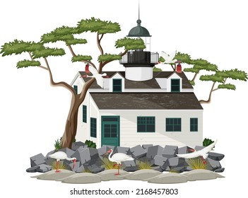 Lighthouse building with American white ibis illustration