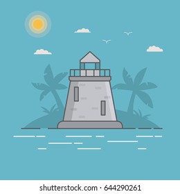 Lighthouse building of lighting the coast of sea. In linear style a vector. A landscape sea with waves and seagulls.Beacon against the background of palm trees in flat style a vector
