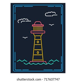 Lighthouse building of lighting the coast of sea. In linear style a vector. A landscape sea with waves a beacon and seagulls.