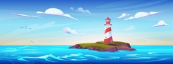 Lighthouse Building On Sea Island. Vector Cartoon Illustration Of Beautiful Seascape With Navigation Beacon Tower On Green Piece Of Rock, Waves On Water Surface, Birds Flying High In Cloudy Blue Sky