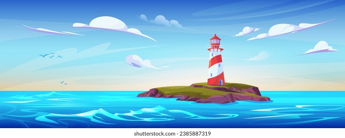 Lighthouse building on sea island. Vector cartoon illustration of beautiful seascape with navigation beacon tower on green piece of rock, waves on water surface, birds flying high in cloudy blue sky