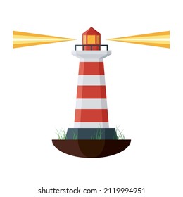 Lighthouse. A building regulating navigation in the oceans, standing on a piece of land with grass and spreading light in all directions. Vector illustration isolated on a white background.