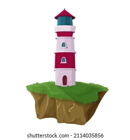 Lighthouse building, seaside tower in white and red colors in cartoon style isolated on white background. Navigation sign.