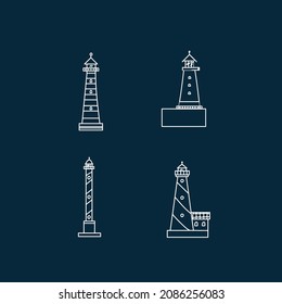 The lighthouse building set is in line. Marine houses by the sea. Doodle of a building with a lantern for design. Vector illustration