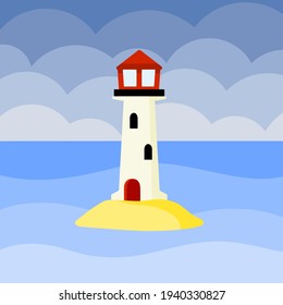 Lighthouse. Building for ship landmark. Element of marine landscape. Beautiful place. Lighting the white tower. Flat cartoon illustration