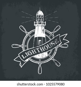 Lighthouse building with ships or boats wheel for helmsman or sailor. Sketch logotype of beacon with lamp with ribbon and lighthouse text on it. Great for nautical badge and marine banner