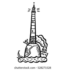Lighthouse. Building. Ships at sea. Steamboat. Human. Vector graphic art.