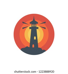 Lighthouse building sunset logo