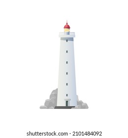 Lighthouse Building Vector Icon With Ocean Or Sea Light House Tower And Marine Beach Rocks. Isolated Nautical Navigation Beacon With Searchlight Lantern And Red Dome, Maritime Navigation Safety