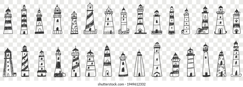 Lighthouse buildings in sea doodle set