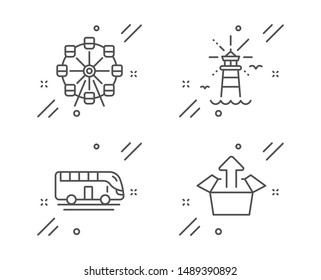 Lighthouse, Bus tour and Ferris wheel line icons set. Send box sign. Navigation beacon, Transport, Attraction park. Delivery package. Transportation set. Line lighthouse outline icon. Vector