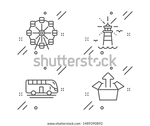 Lighthouse, Bus tour and Ferris wheel line icons\
set. Send box sign. Navigation beacon, Transport, Attraction park.\
Delivery package. Transportation set. Line lighthouse outline icon.\
Vector