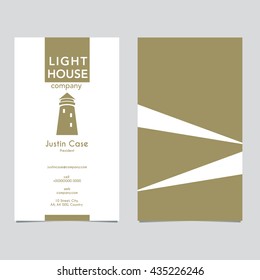 Lighthouse business sign & business card vector template. Lighthouse with light beam icon. Nautical banner. Corporate identity template. Editable, layered vector illustration. Sample text.