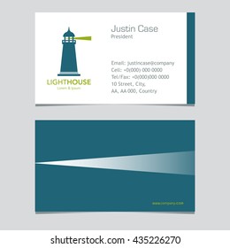 Lighthouse business sign & business card vector template. Lighthouse with light beam icon. Nautical banner. Corporate identity template. Editable, layered vector illustration. Sample text.