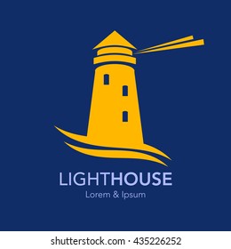 Lighthouse business sign template. Lighthouse & abstract waves icon. Nautical banner. Corporate identity template. Editable, layered vector illustration. Sample text.