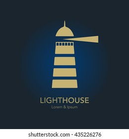 Lighthouse business sign template. Lighthouse & abstract waves icon. Nautical banner. Corporate identity template. Editable, layered vector illustration. Sample text.