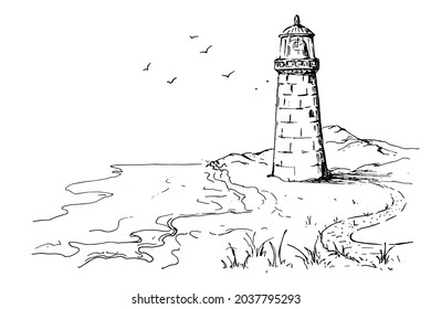 Lighthouse by the sea. Black and white drawing. Hand drawn. Scribble. Seascape. On white background