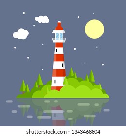 Lighthouse by the sea. High red-white building on a green hill and a beautiful landscape. Romantic place by the water. Night view. Summer season. Marine navigation. Cartoon flat illustration