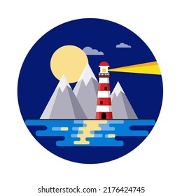 Faro por mar. Edificio alto de color rojo-blanco sobre montaña y hermoso paisaje. Vista nocturna. Temporada de verano. Navegación marina en el logotipo de círculo. Ilustración plana de dibujos animados