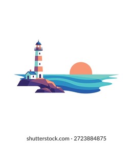 Faro por el diseño plano del Vector del icono del mar.