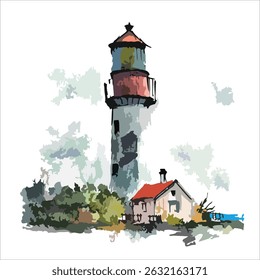 Lighthouse by the Sea – Nautical Ink and Watercolor . Good for Art Print like poster, banner, greeting card, postcard o book illustration or cover book