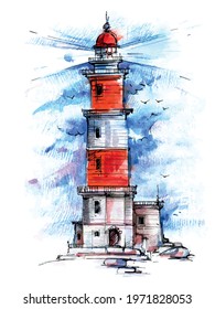 Lighthouse by the sea. Ocean waves under the sky