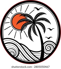 Lighthouse by Sea with Palm Trees and Sunset